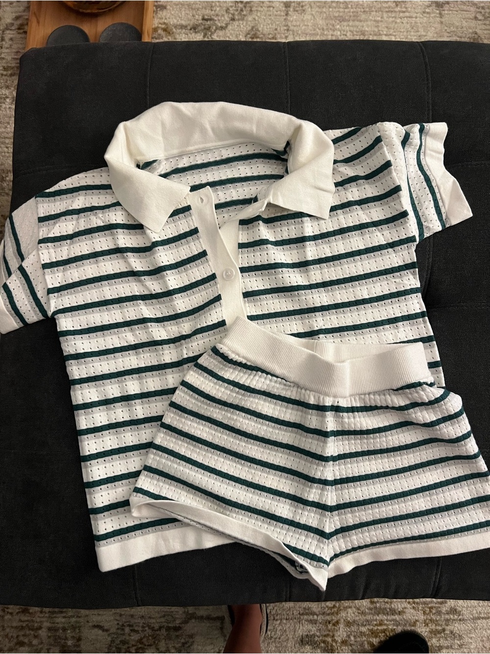 White and Dark Green Striped Knit Polo Set